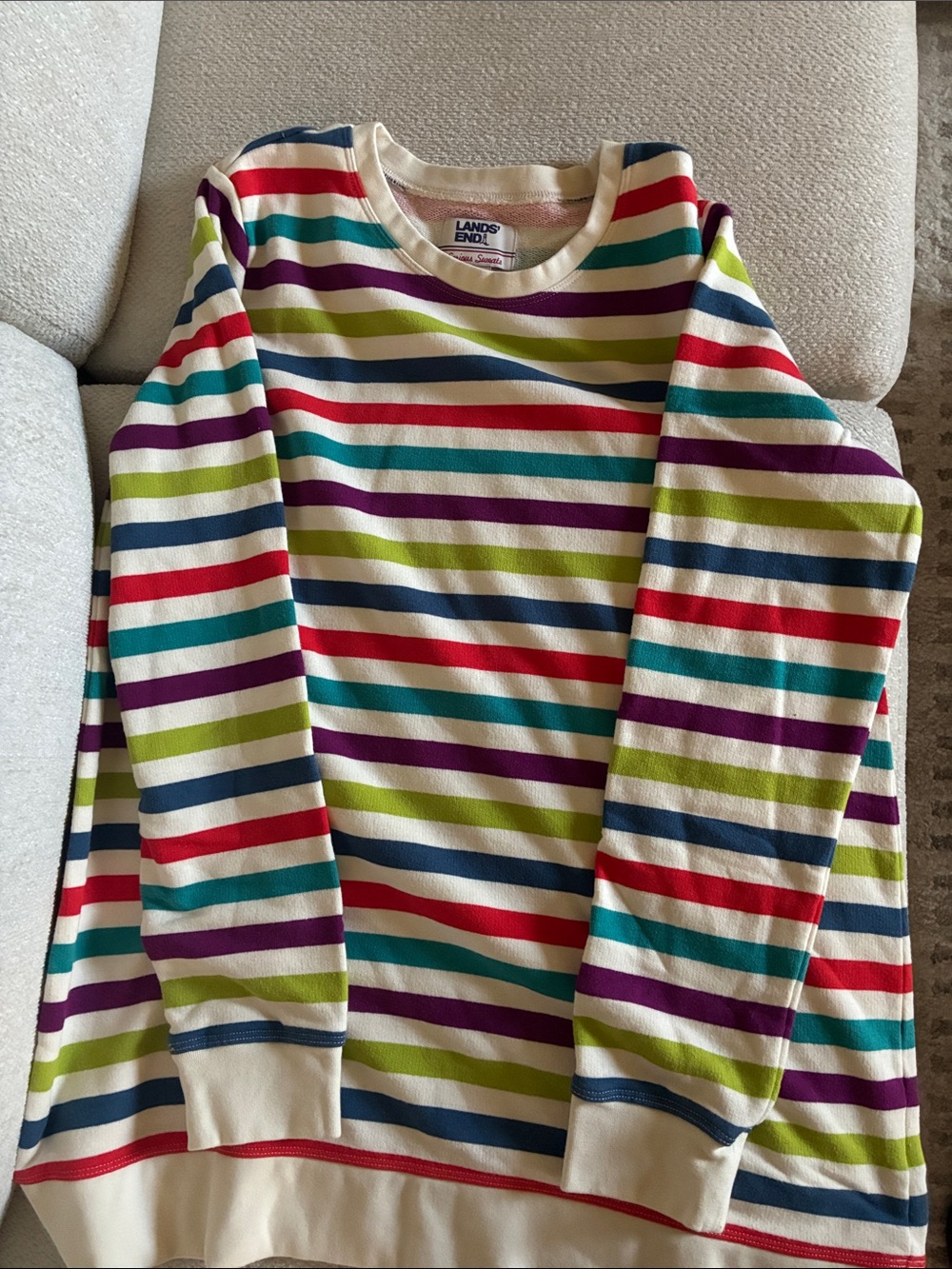 Vintage Lands' End Womens Cream Long Sleeve serious sweats with Rainbow Stripes